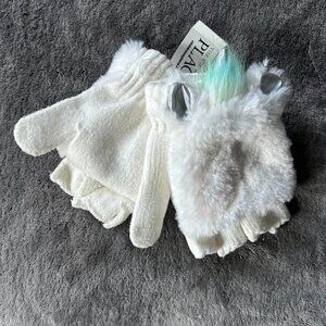 White Fluffy Fingerless Gloves with Unicorn Accents